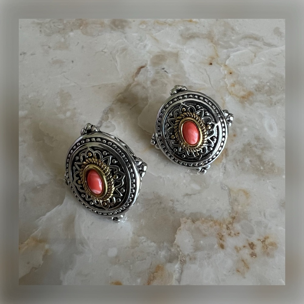.925 STERLING SILVER AND YELLOW GOLD FILIGREE and CORAL STUD EARRINGS